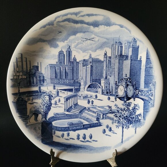 Chicago Souvenir Plate By Johnson Bros Marshall Field Exclusive Blue and White - Picture 1 of 7